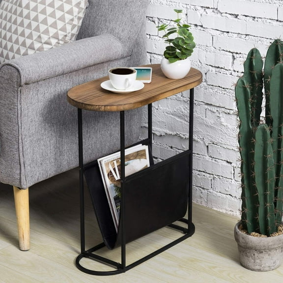 MyGift Modern Oval-Shaped Burnt Wood and Black Metal End Table with Magazine Holder