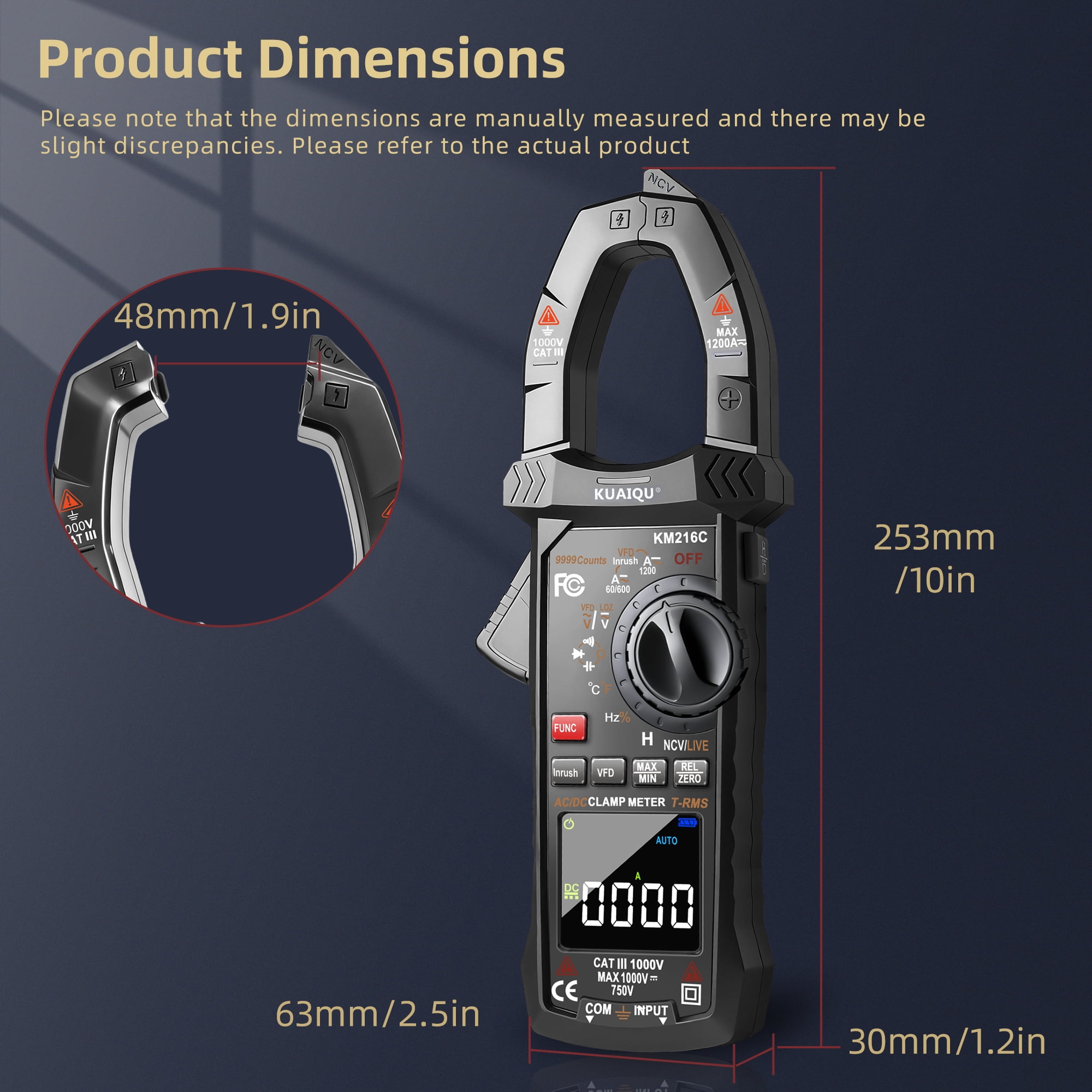 Kuaiqu Digital Clamp Meter KM216C T-RMS 9999 Counts 1200A AC/DC Current Amp Volt Meter  with VFD LOZ Mode Inrush NCV Temperature Resistance Capacitance Continuity