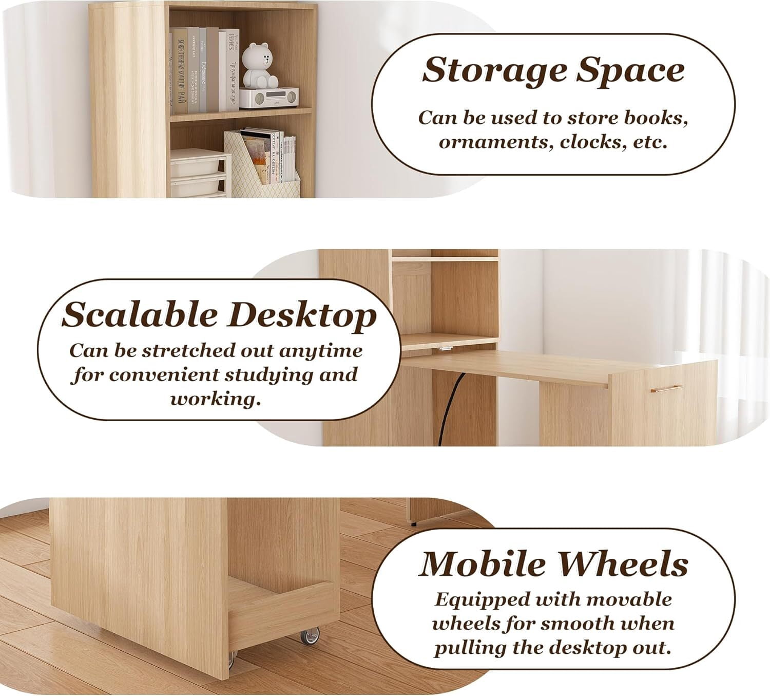 Montary Mobile L-Shaped Desk with Shelves & Wheels, Foldable & Expandable Office Desk for Small Spaces (Natural)