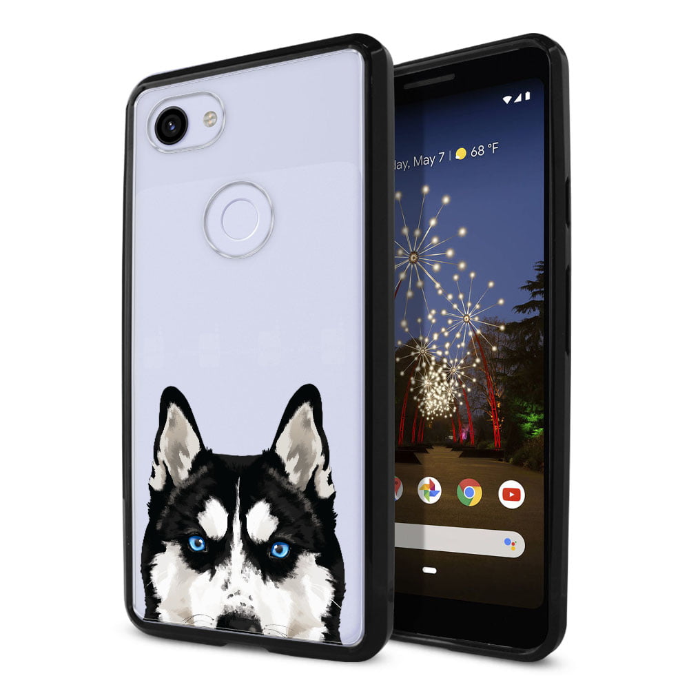 FINCIBO Slim TPU Bumper + Clear Hard Back Cover for Google Pixel 3a 5.6", Black Siberian Husky Dog