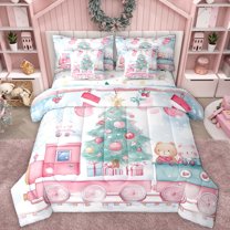 Manfei Cute Cartoon Train 7-Piece Bedding Comforter Set,Cute Christmas Tree King Bedding Sets,Pink Green White Bed Sheets For Gir L Kids,Breathable Home Decor Reversible