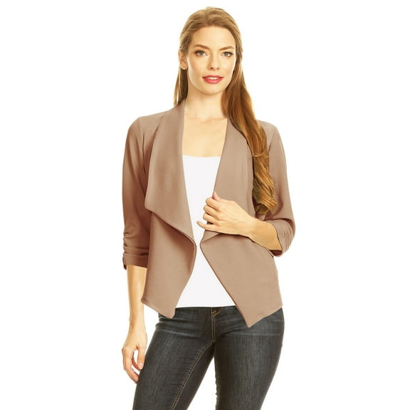Women's Fitted Waist Length Jacket Open Front Draped Neck Ruched Sleeves