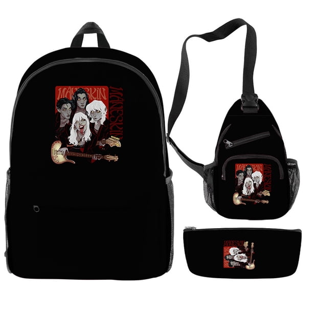 Juego de mochilas Maneskins Anime School, 3 piezas, Oxford, negro