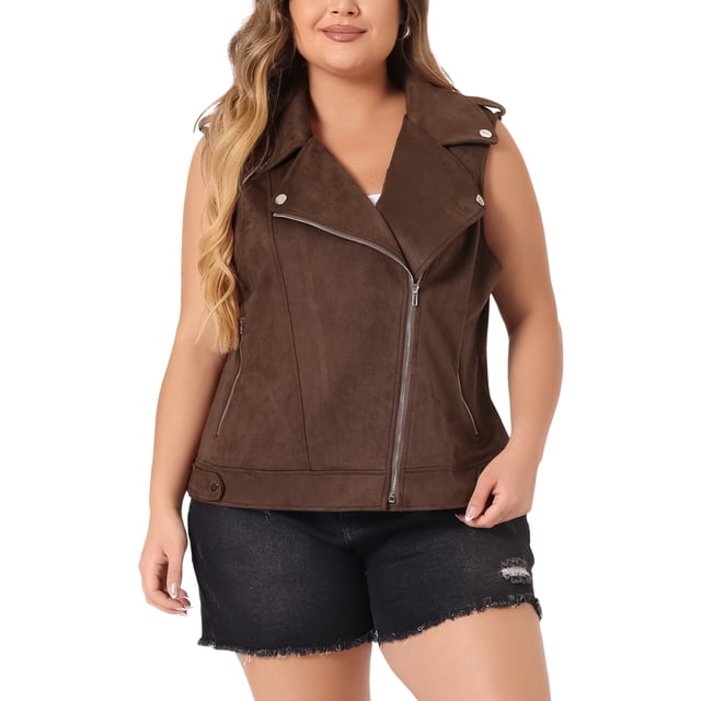 Chalecos de ante sintético para mujer de tallas grandes Agnes Orinda para invierno, chaleco de motocicleta con solapa y cremallera, color marrón 4X