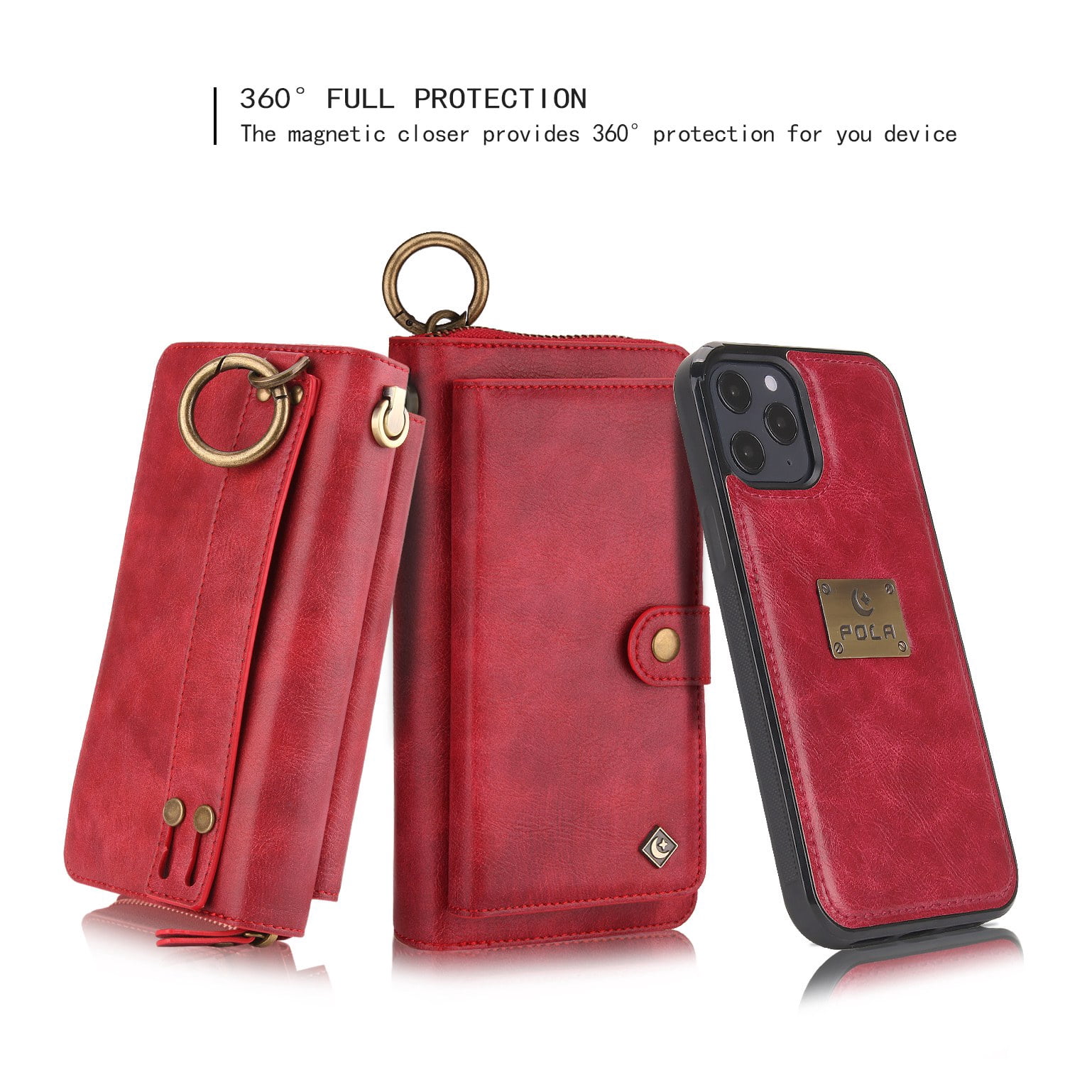 Feishell iPhone 13 Case, Premium Leather Folio Removable Wallet Case Zipper Coin Pouch Cover with Zip Purse ID Credit Card Holder & Detachable Magnetic Case For Apple iPhone 13, Red