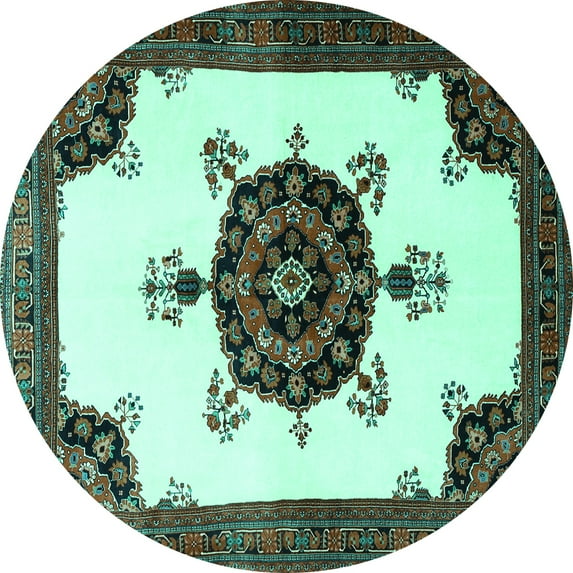 Ahgly Company Machine Washable Indoor Round Medallion Turquoise Blue Traditional Area Rugs, 3' Round