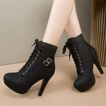 

Babysbule Womens Winter Boots ShoesWomen s Winter Leather Fabric Shoes Warm Round Toe High Heel Strap BuckleMedium Ankle Boots