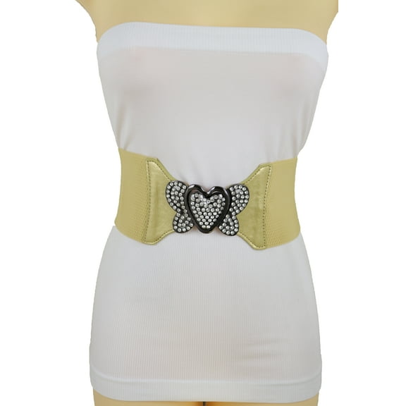 Women Wide Elastic Gold Belt Butterfly Heart Buckle S M