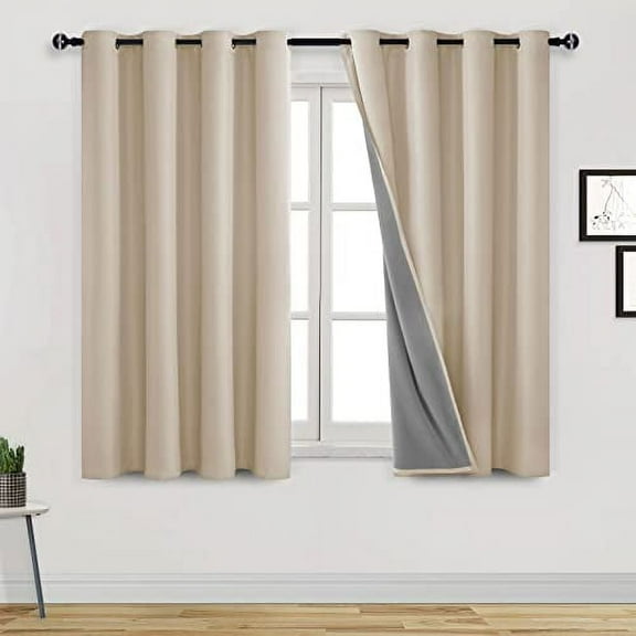 DWCN Complete Short Sun Blackout Curtains Noise Reduction Blackout Drapes Thermal Insulated Energy Saving Curtain 2 Panels with Black Liner (Beige,52"W x 54"L)