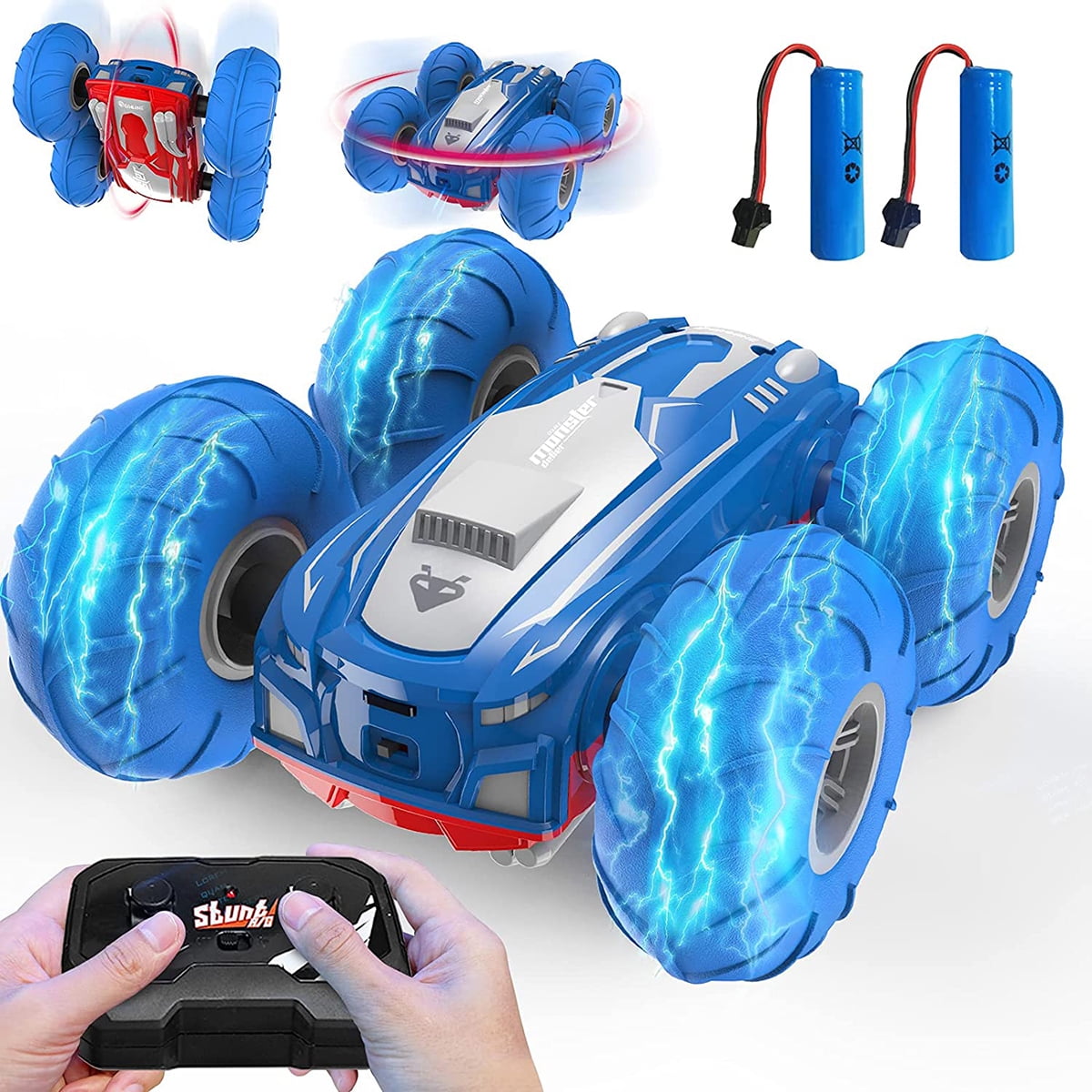 Blue HAPPYGRILL RC Boat 2.4GHz Remote Control Electric Racing Boat 25KM/H High Speed Automatically 180 Degree Flipping Transmitter with LCD Screen 