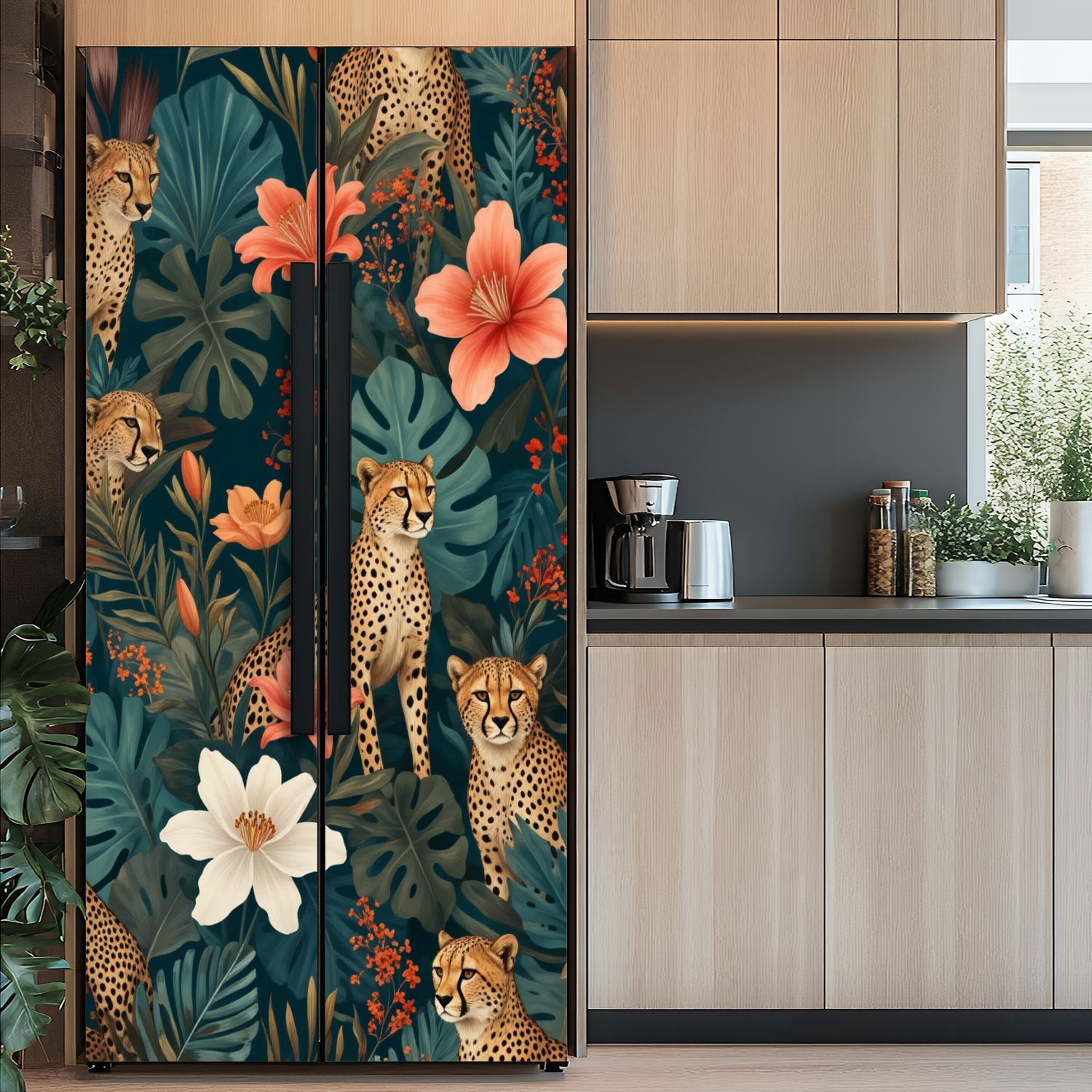 Self Adhesive Vinyl Refrigerator Wrap Set Leopard Floral Tropical Leaves Vibrant Flowers Door Mural Removable Fridge Sticker Peel and Stick&nbsp;Full Door Cover Decal Kitchen Bar Decor