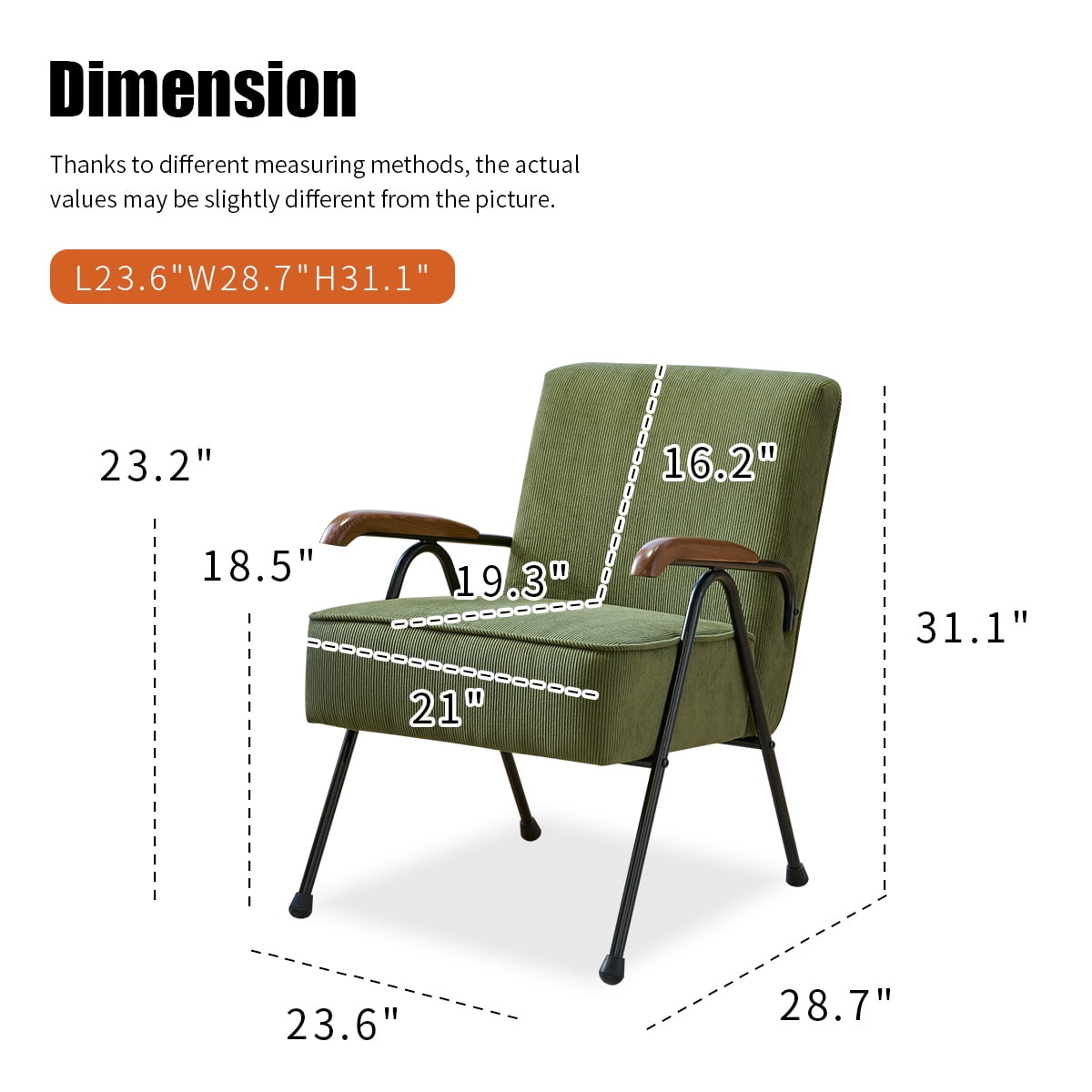 Homy Casa Accent Chair with Metal Legs and Upholstery, Living Room Reading Armchair, Olive Green