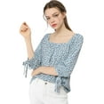 thumbnail image 4 of Allegra K Women's Tie Cuffs 3/4 Sleeves Square Neck Floral Leisure Blouse, 4 of 7