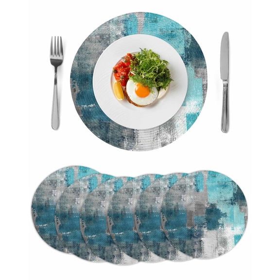 Round Woven Placemats set of 6, Teal Gray Graffiti Block Washable&Heat Resistant Plastic Wipeable Placemats for Round Table Modern Abstract Texture Art Kitchen Dining Table Decor, 15in,