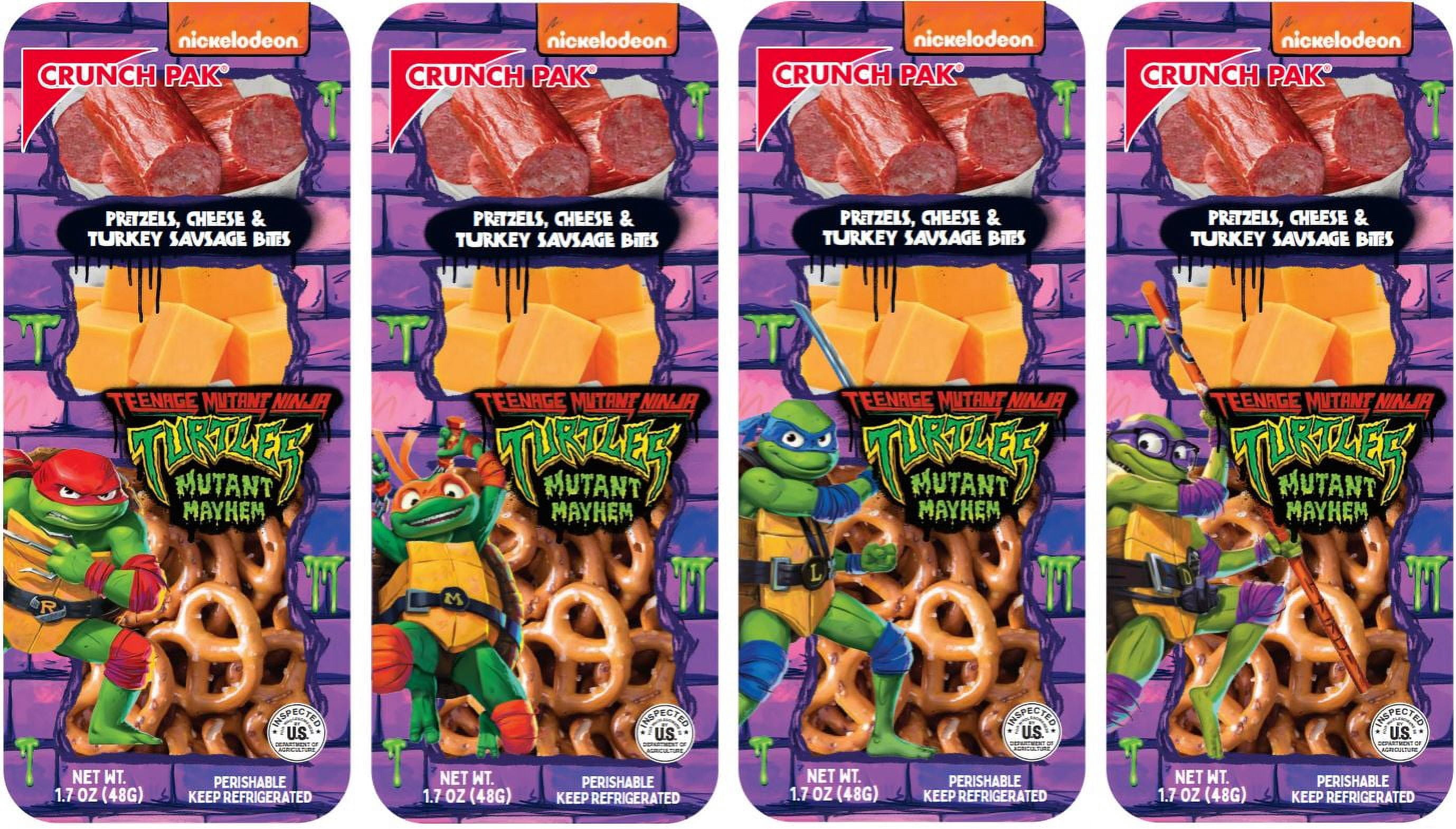 Crunch Pak Snack Featuring TMNT with Turkey Sausage Bites, Cheese Cubes, and Mini Pretzels 1.7oz Snack Tray