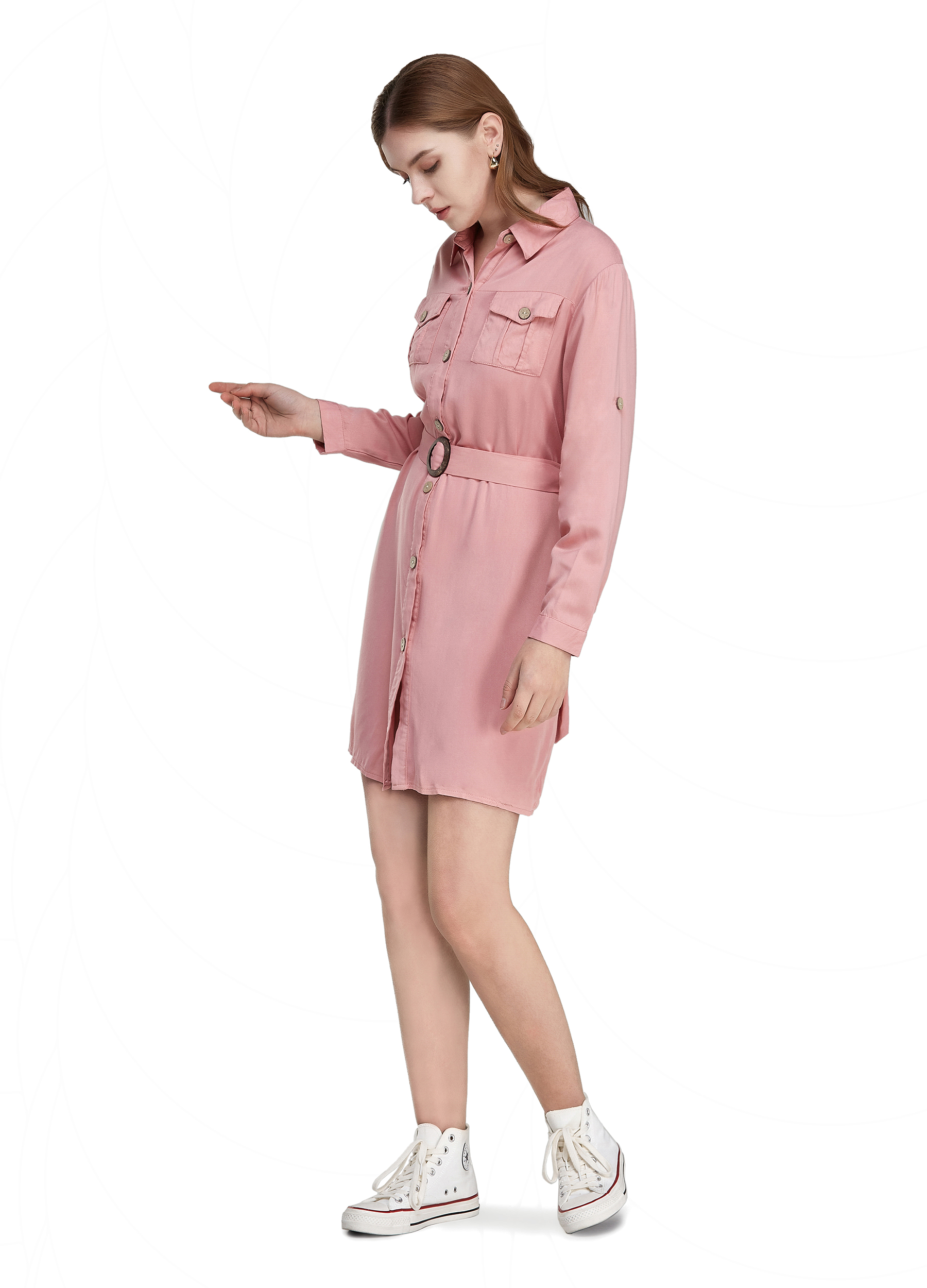 MECALA Women 3/4 Long Sleeve Button Down Shirt Dress Casual Midi Dress Pink L - image 4 of 10