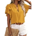 thumbnail image 2 of Daeful Ladies Blouse Double Layer Ruffles Short Sleeve Shirts Office V Neck Elegant Tops Yellow XL, 2 of 5