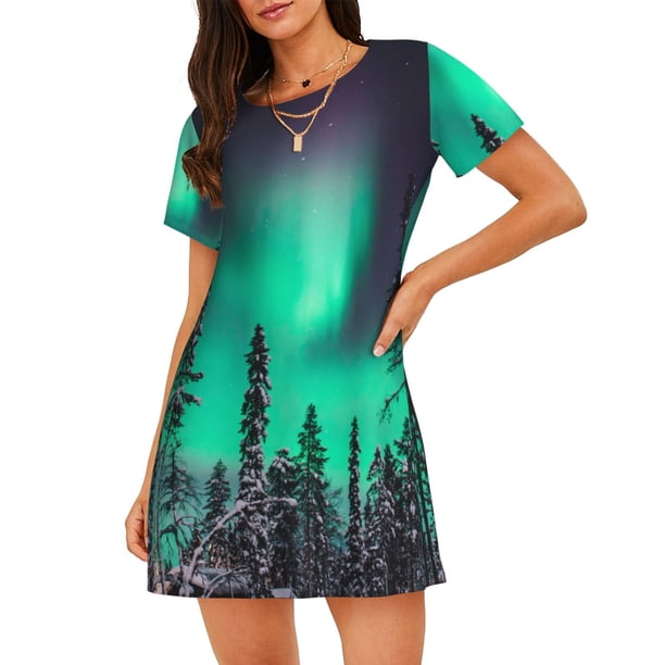 Disketp Northern Lights 2 para Camisón Corto de Manga Corta para Mujeres, Camisón Cómodo con Escote Redondo, Bonito y Confortable