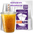 thumbnail image 1 of [100 Sets - 16 oz.] Clear Plastic Cups with Straw Slot Lid, PET Crystal Clear Disposable 16oz Plastic Cups with lids, 1 of 7