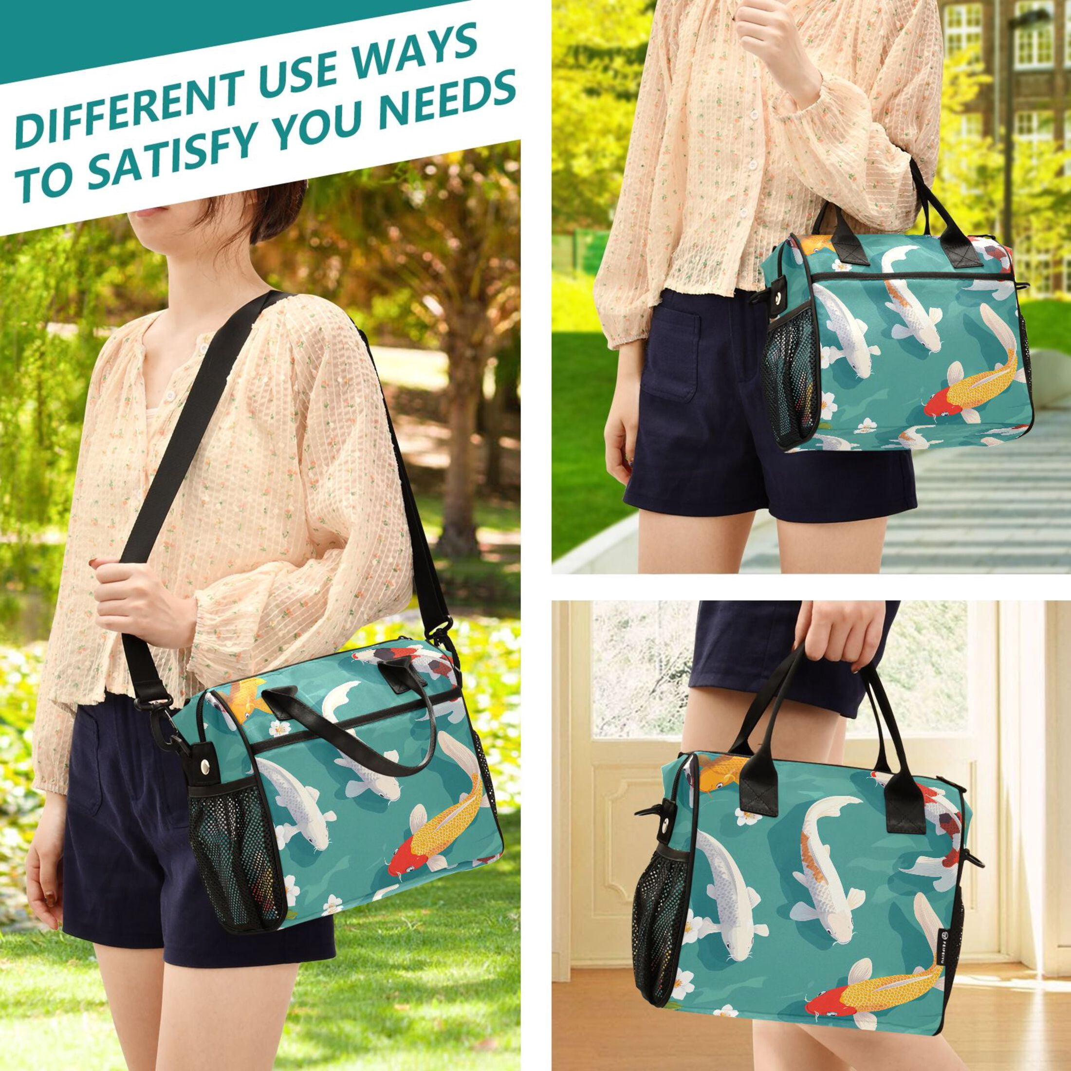 Lunch Bag Insulated Lunch Box Leakproof Reusable Cooler Tote Adjustable Shoulder Strap for Men Women Cartoon Fish and White Flower 9L