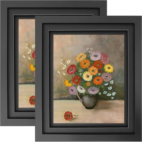 8x10 Picture Frame Black Wood with Double Mat for Tabletop or Wall, Set of 2