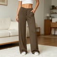 thumbnail image 2 of Women's Cotton Yoga Pants Wide Leg Straight, Mid Elastic Waist Stretchy Soft, Pockets Casual Solid Color, Lounge Workout Fitness Lounge Pants | VerBelle,Brown XL, 2 of 8