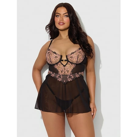 Nova Lace & Mesh Babydoll w/G-String 2 pc Set - Black 1X/2X