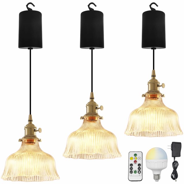 FSLIVING Adjustable Height Pendant Light With Remote Control Rechargeable Battery Operated