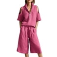 thumbnail image 3 of Xunmmm Summer Two Piece Set for Women Loose Fit Cold Shoulder Half Zipper and Bermuda Shorts Set Solid Color Casual Two Piece Set Relaxed Fit Travel Wear, 3 of 5