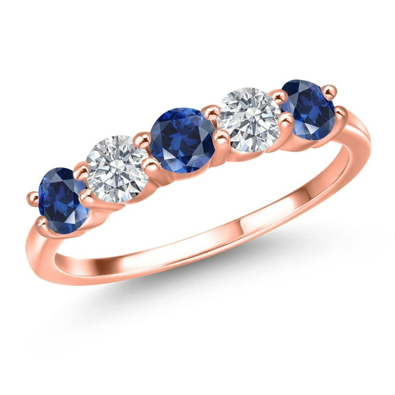 Gem Stone King 18K Rose Gold Plated Silver Blue Created Sapphire and E - F Lab Grown Diamond Wedding-Bands Ring for Women | 1.29 Cttw | Round 4MM | Gemstone September Birthstone | Size 5
