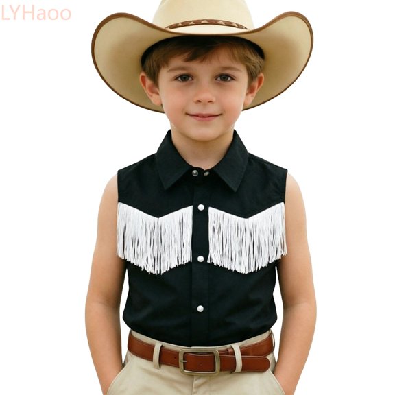 LYHaoo Boys And Girls Western Cowboy Shirt,Fringe Shirt Sleeveless Button Down Tassel Shirts for Kids,5-6 Years