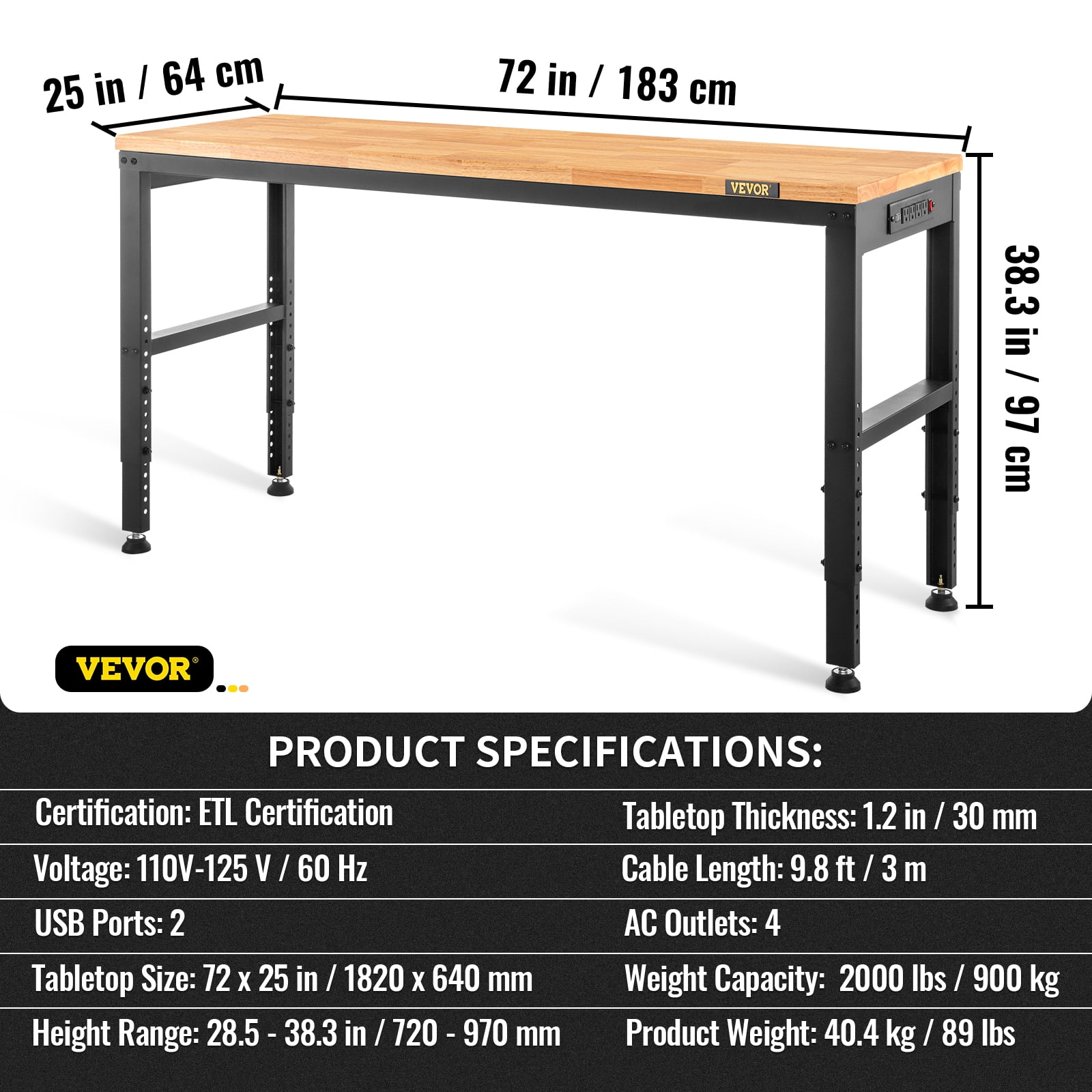 VEVOR Adjustable Workbench, 72" x 25" Multi-Purpose Work Bench with 28.5" - 38.3" Height Range and 2000 lbs Capacity, Power Outlets & Hardwood Top & Metal Frame & Foot Pads, Workshop Garage Table