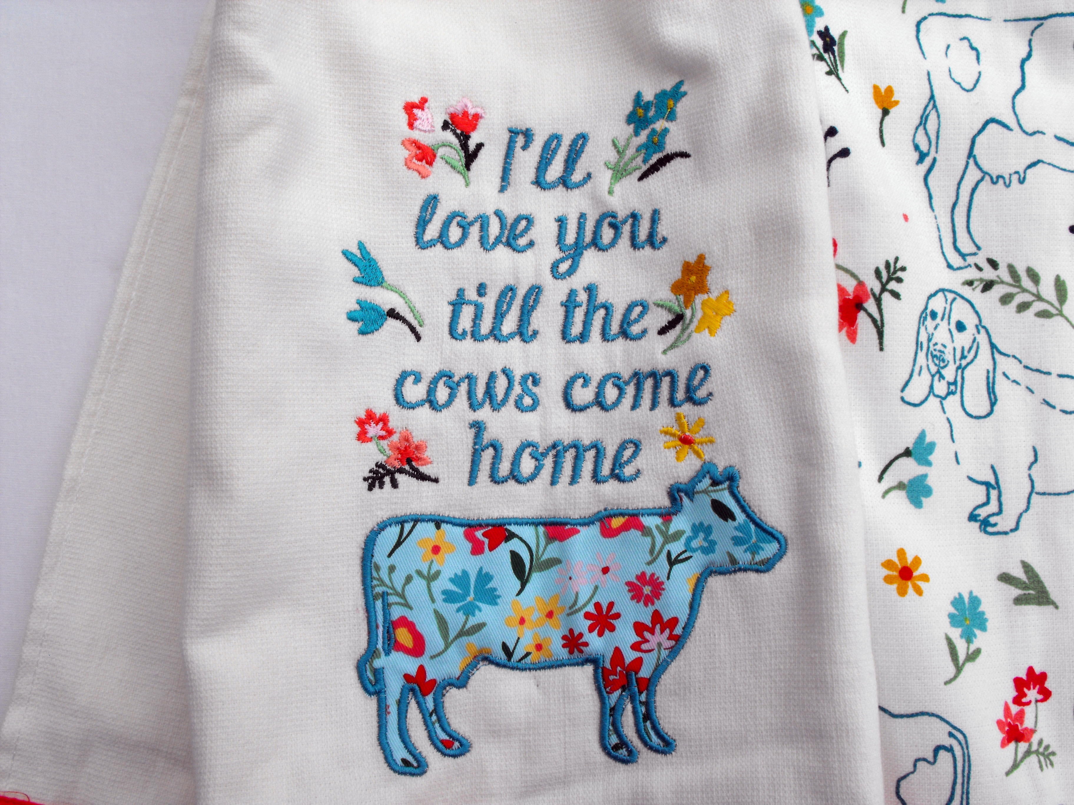 PIONEER CHARLIE - COWS - 2 HANDMADE CROCHET TOP HANGING KITCHEN TOWELS