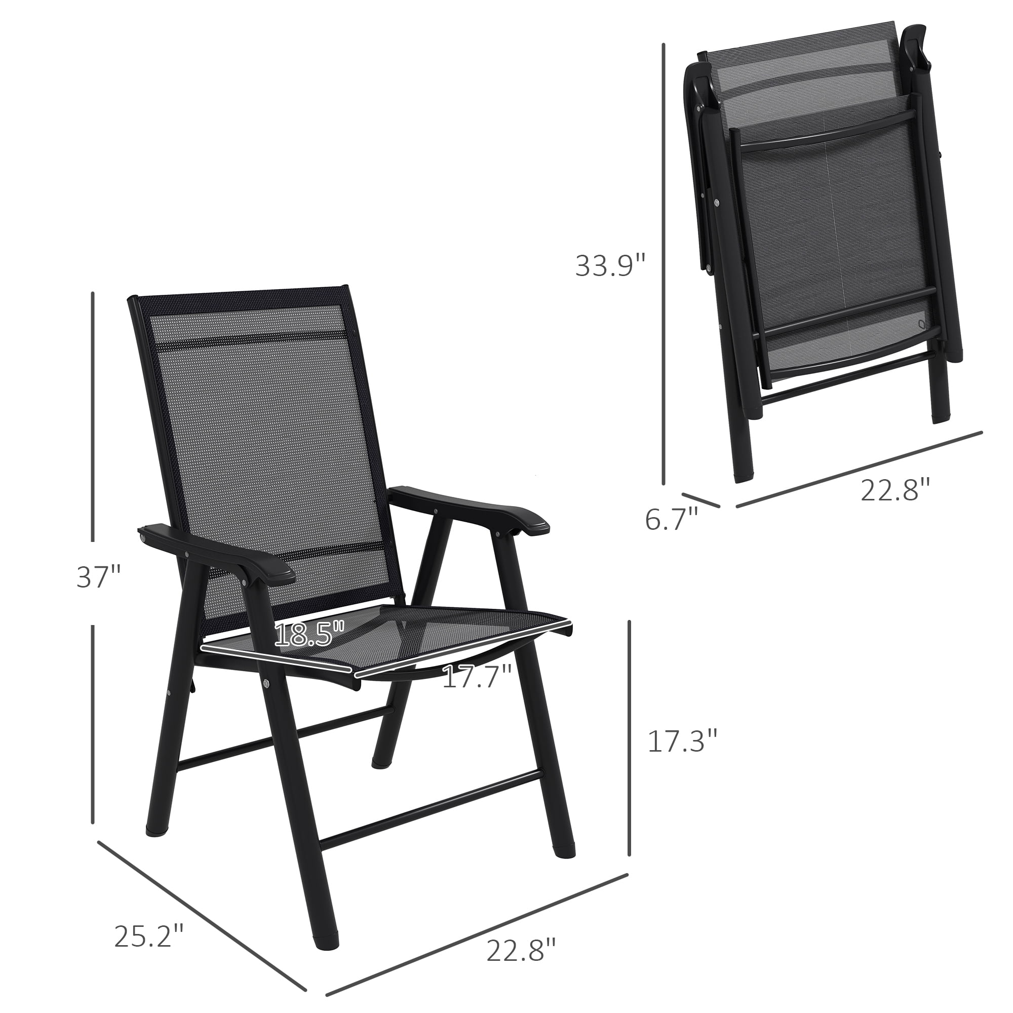 Set of 4 Patio Folding Chairs, Stackable Outdoor Sling Patio Dining Chairs with Armrests for Lawn, Camping, Dining, Beach, Metal Frame, No Assembly, Black