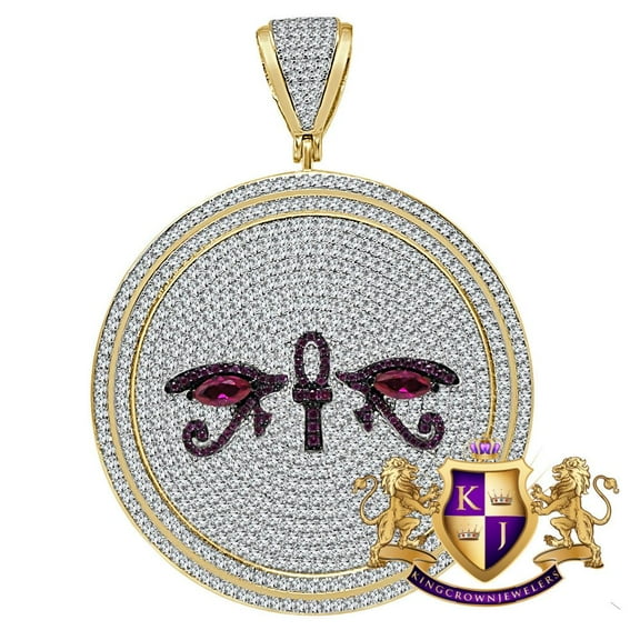 Big XL 3'' Real Yellow Gold Sterling Silver Egyptian Ankh Cross Eye Of Horus RA Custom Pendant Charm Medallion