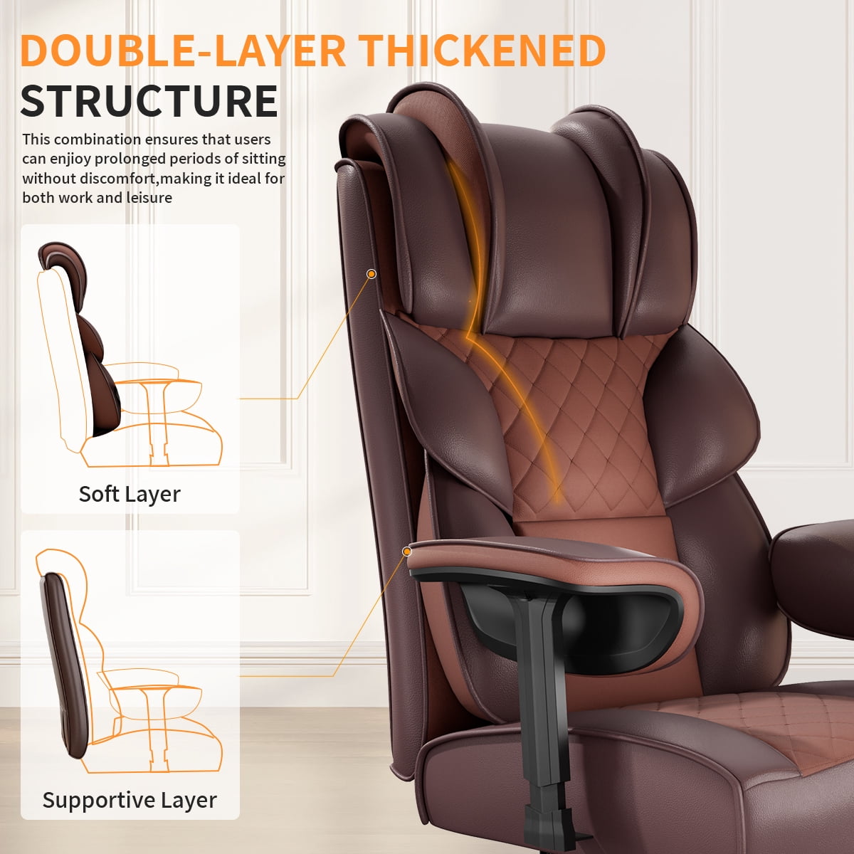 KOCEN Big and Tall Office Chair, Desk Chair with Soft Adjustable Armrests, Ergonomic High Back Gaming Chair with Lumbar Support, Executive Computer Chairs with Footrest(PU Leather, Brown)