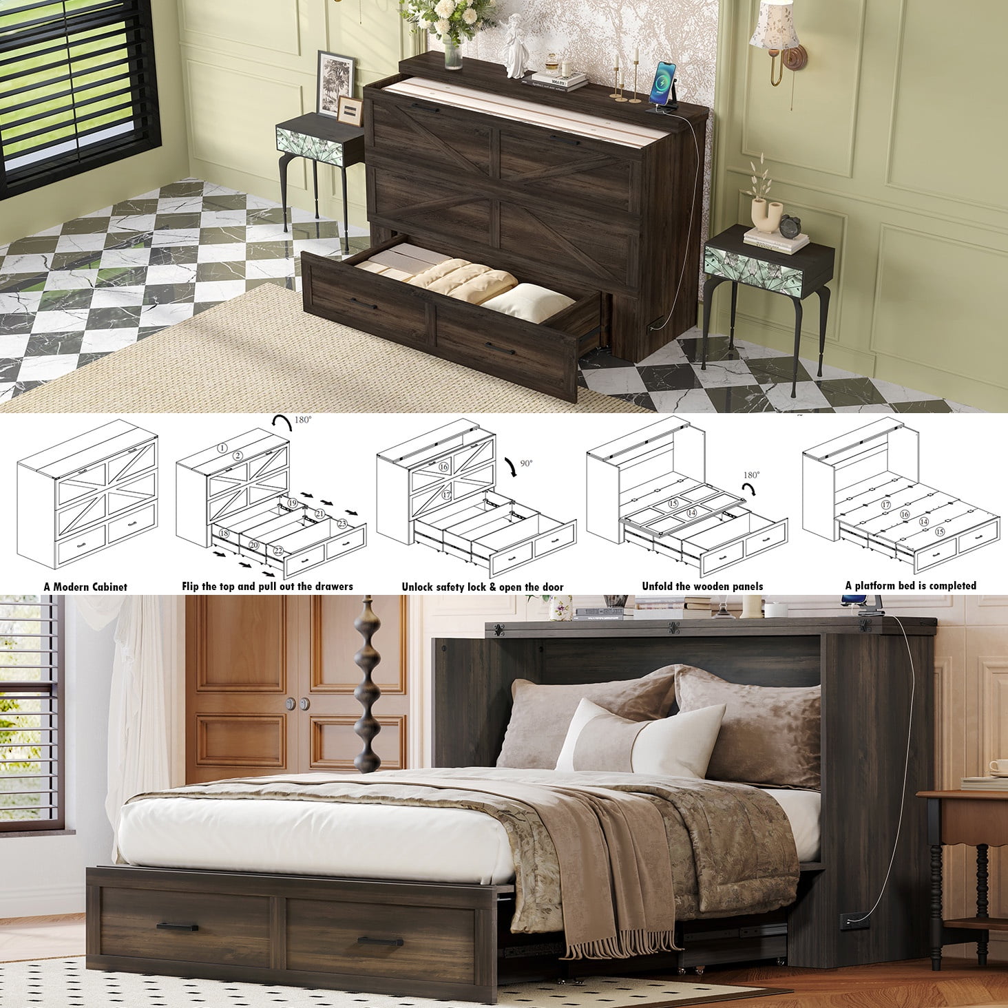 Bellemave Queen Size Farmhouse Murphy Bed Frame with Charging Station and Storage Drawer Foldable Cabinet Platform Bed for Guest Room or Home Office (Queen Size, Rustic Gray)