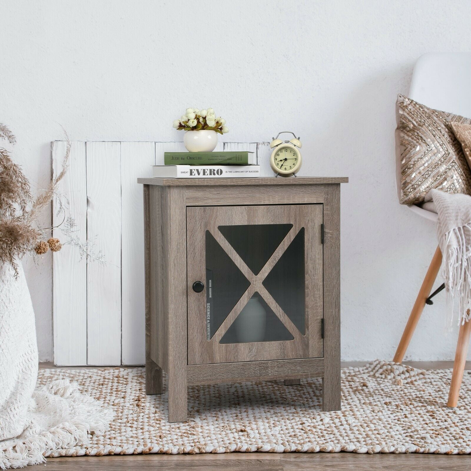 Private Jungle Wood Nightstand Side End Table Cabinet w/Glass Door Bedroom Home&Office Brown