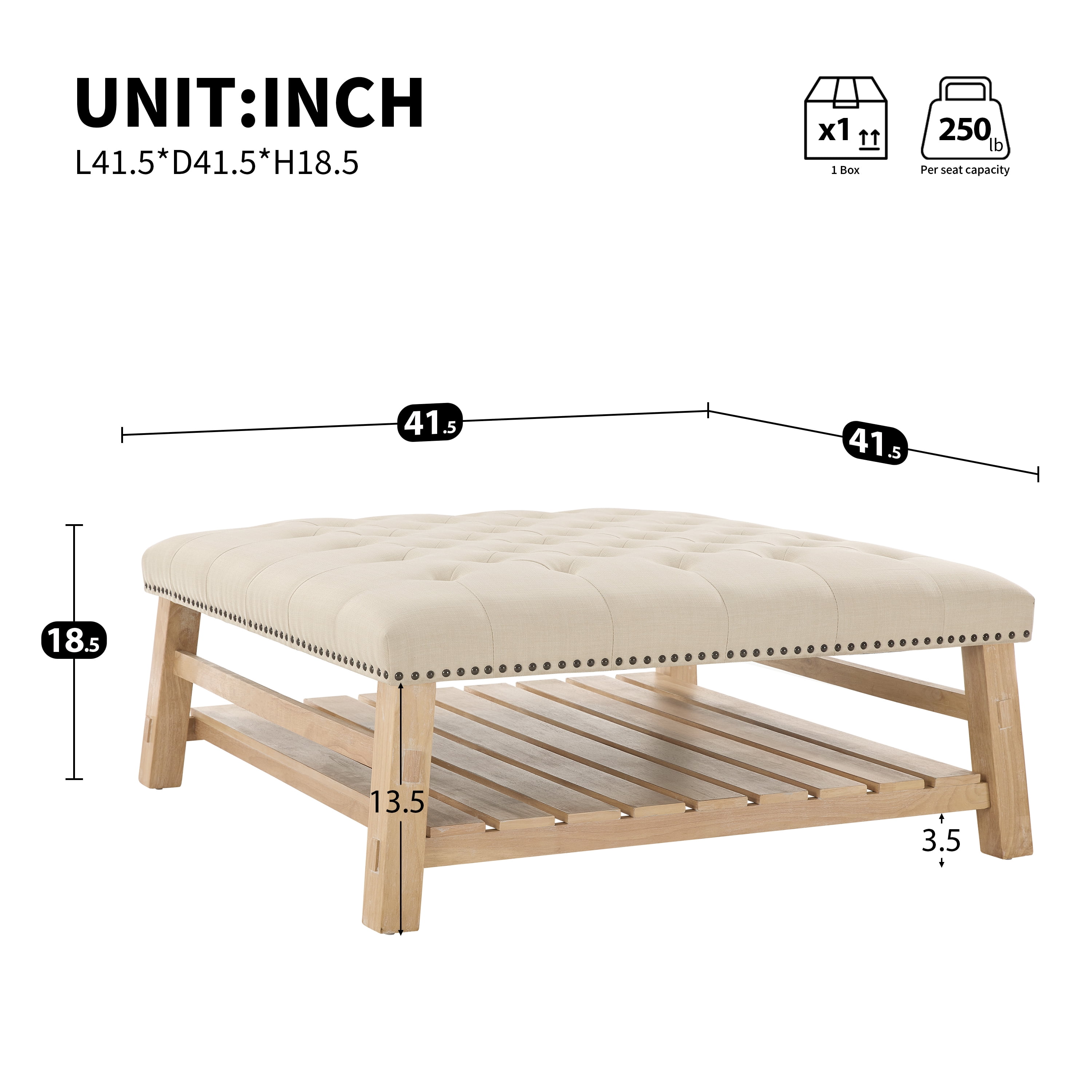 GARITIN Tufted Square Ottoman 41.5 Inch, Large Upholstered Footstool Coffee Table with Slatted Storage Shelf and Nailhead Trim, Beige