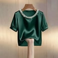 thumbnail image 5 of Endives Women's Short Sleeve T Shirt Beaded Round Neck Solid Color Fashion Elegant Satin T-shirt Summer Tops Green, 5 of 6