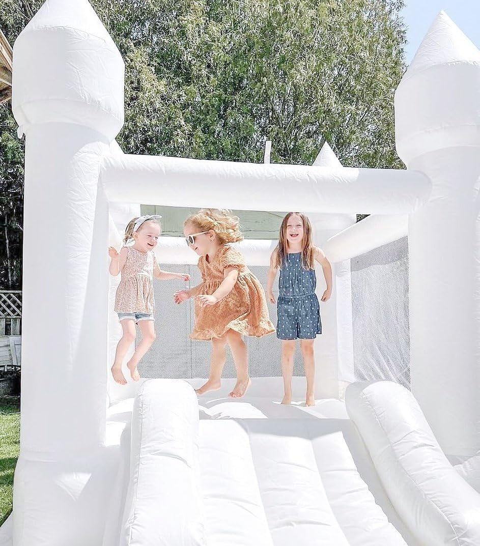 Adnoom Inflatable Bounce House for Kids 3~10, Bounce House with Slide, White Jumping Castle with 210D Ground Cloth, Bouncy House for Wedding, Party, Gift Decoration, Indoor & Outdoor, without Blower