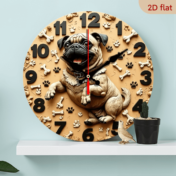 A 10-inch 2D flat wooden round wall clock, themed "Cute Pug Dog". Suitable for bedroom, living room, office decoration. A perfect gift for Father's Day and other holidays.