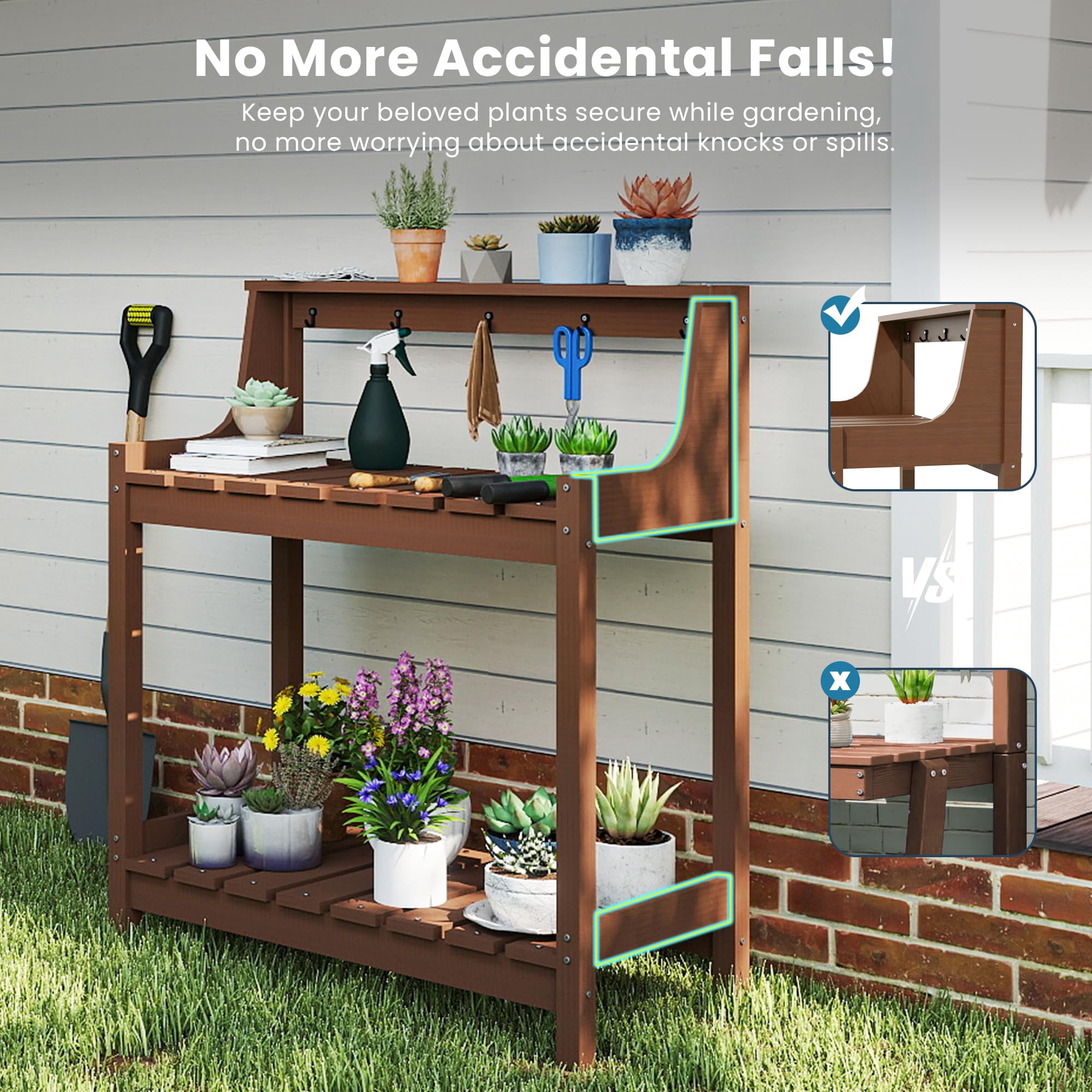 HDPE Outdoor Potting Bench, All-Weather Garden Potting Table with 3-Tier Storage, 43.3" Ergonomic Workstation for Patio Backyard Garden