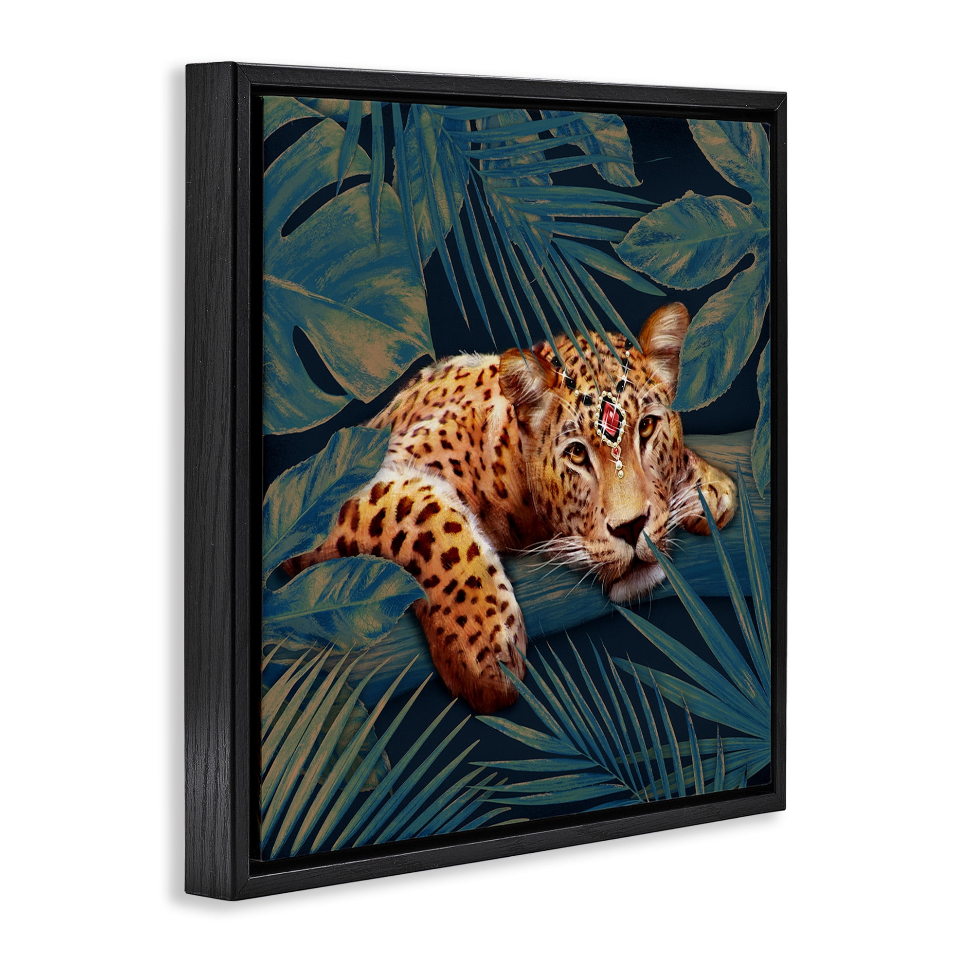 Stupell Industries Tropical Leopard with Glitz Gem Animals & Insects Painting Black Floater Framed Canvas Art Print Wall Art, 18 x 18