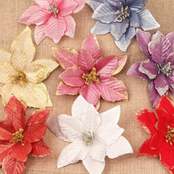 Cheer US 24Pcs Artificial Red Poinsettia Flowers Decorations with Clips and Stems Glitter Christmas Tree Ornaments DIY for Xmas Wedding Party Wreath