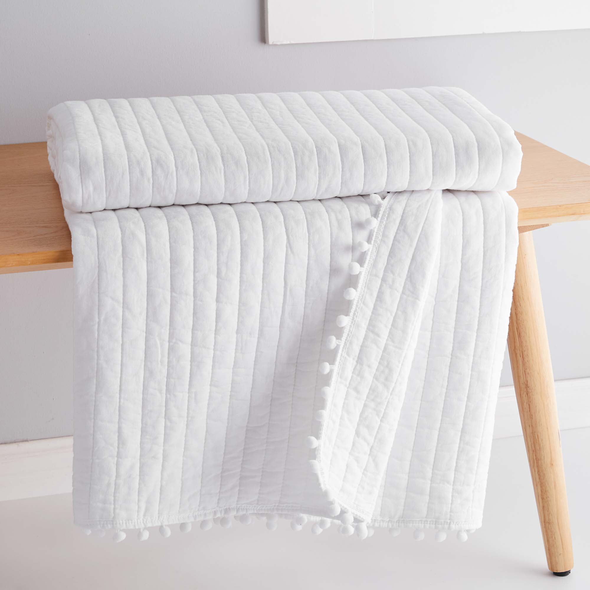 Levtex - White Pom Pom - Quilted Throw - 50x60in. - White with Decorative Pom Pom Edge - Reversible Pattern - Cotton Fabric