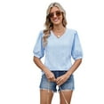 thumbnail image 3 of Womens Puff Short Sleeve Shirt Summer Tops V Neck Casual T Shirts Loose Fit Blouses Light Blue L, 3 of 6