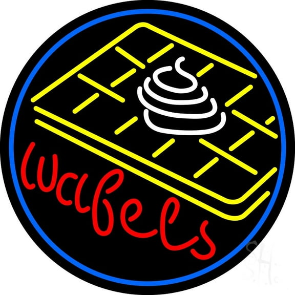 Wafels Circle LED Neon Sign 26 x 26 - inches, Black Square Cut Acrylic Backing, with Dimmer - Bright and Premium built indoor LED Neon Sign for restaurant window and interior decor.