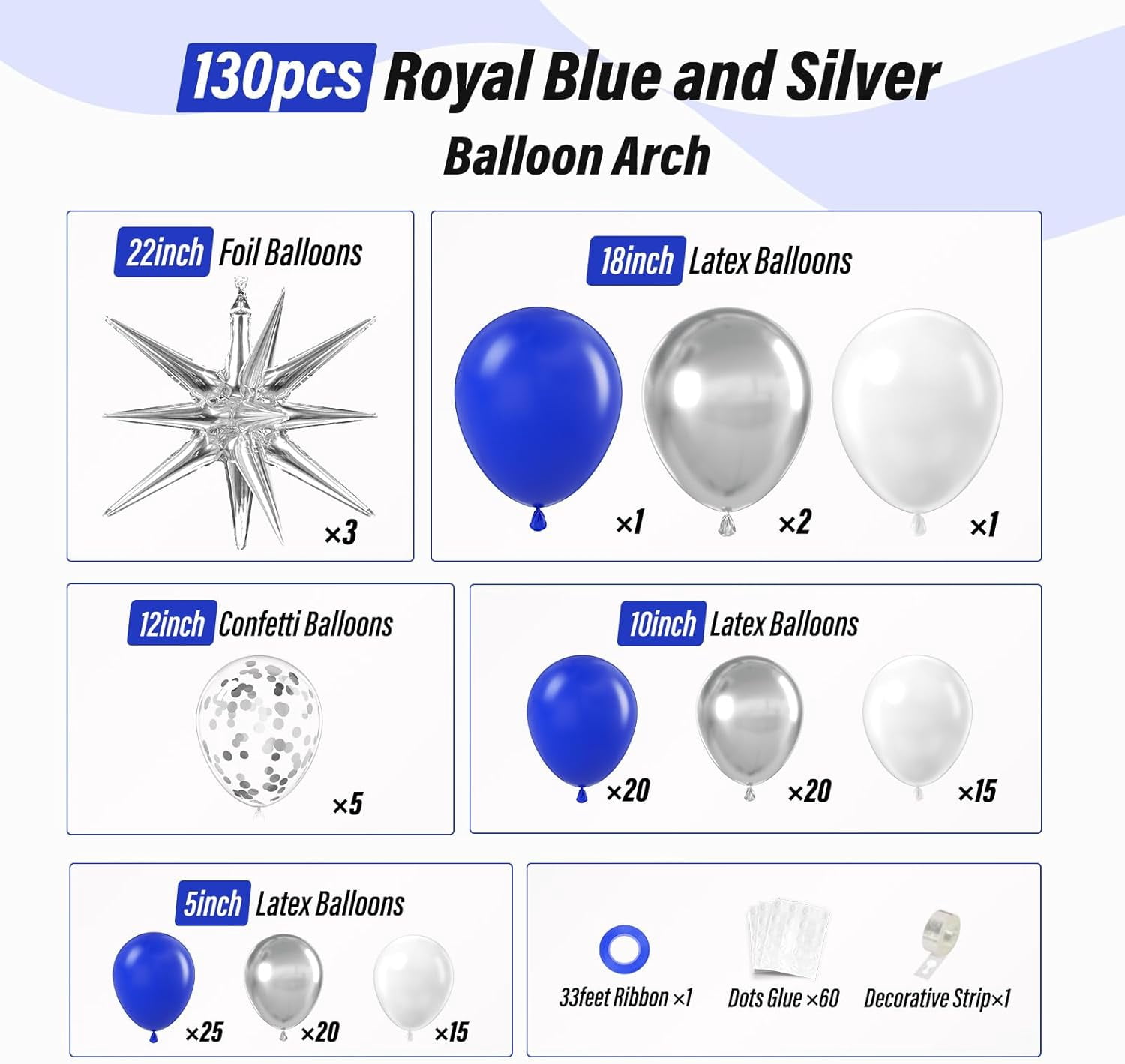 Royal Blue and Silver Balloon Arch Garland Kit, Confetti Balloons for Wedding Graduation New Year Retirement Birthday Party Decorations