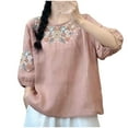 thumbnail image 3 of Dazajoo Linen Shirts for Women 2025 Summer Retro Embroidered Tops Loose 3/4 Sleeve Boho Tops Dressy Casual Cotton Blouses,Pink,XL, 3 of 4